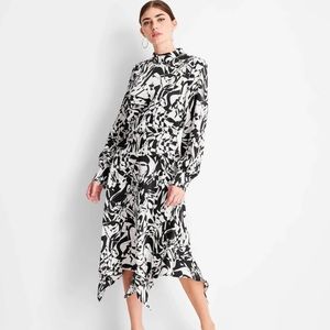 Future Collective Midi Dress Black White Abstract Art Print Satin Mock Neck XXS